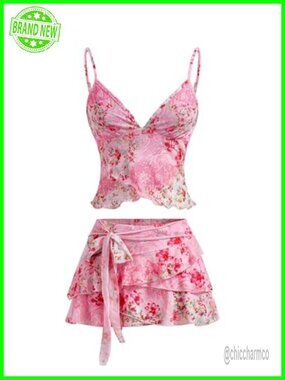 Womens 2 Piece Skirt Set Floral Camisole Top Ruffle Mini Skirt Outfit